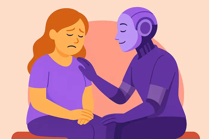 A warm, flat-style illustration showing a woman sitting with her hands on her lap, looking emotional but comforted by a friendly robot offering support — symbolizing empathy + technology in harmony.